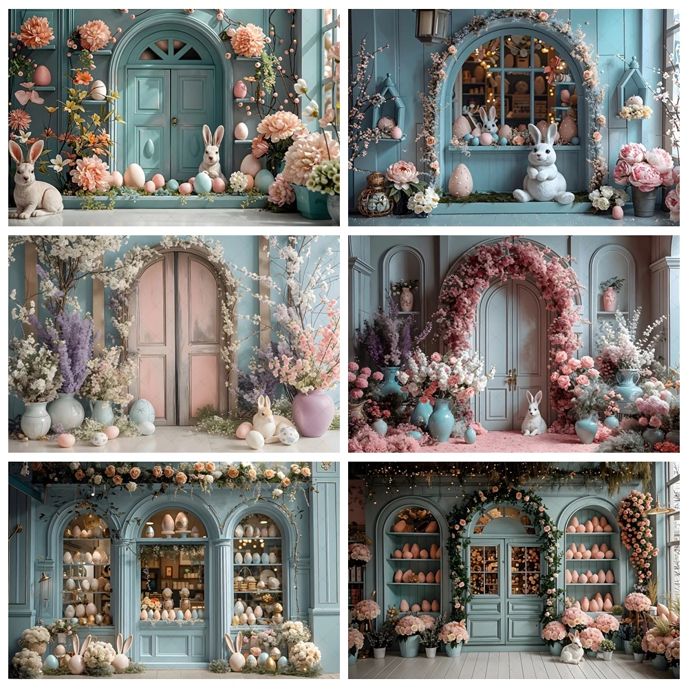 

Spring Easter Rabbit Flowers Backdrop Bunny Eggs Arch Door Flower indoor Kids Birthday Cake Smash Photography Background Decor