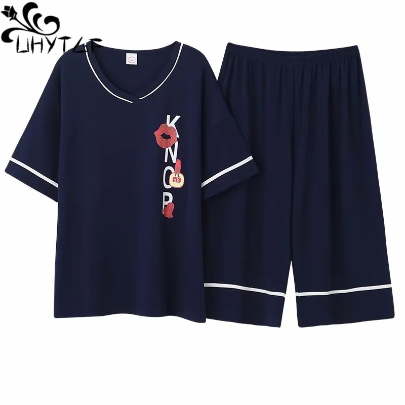 

UHYTGF Large Size Pajamas Women Short Sleeve Pullover Summer Two-Piece Set Sleepwear Female Crewneck Thin Home Clothes Girl 2637