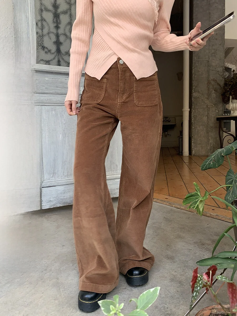 

High Waist Corduroy Flared Pants Vintage Front ket Casual Trousers Lengthening Legs Effect by Sinbounboun Ladies Faion