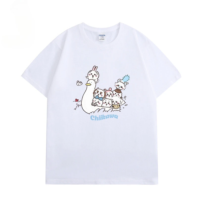 T-shirt unisexe en coton ample à manches courtes, motif Kawaii Chiikawa Hachiware Mermaid Island Secret, pour couple, été