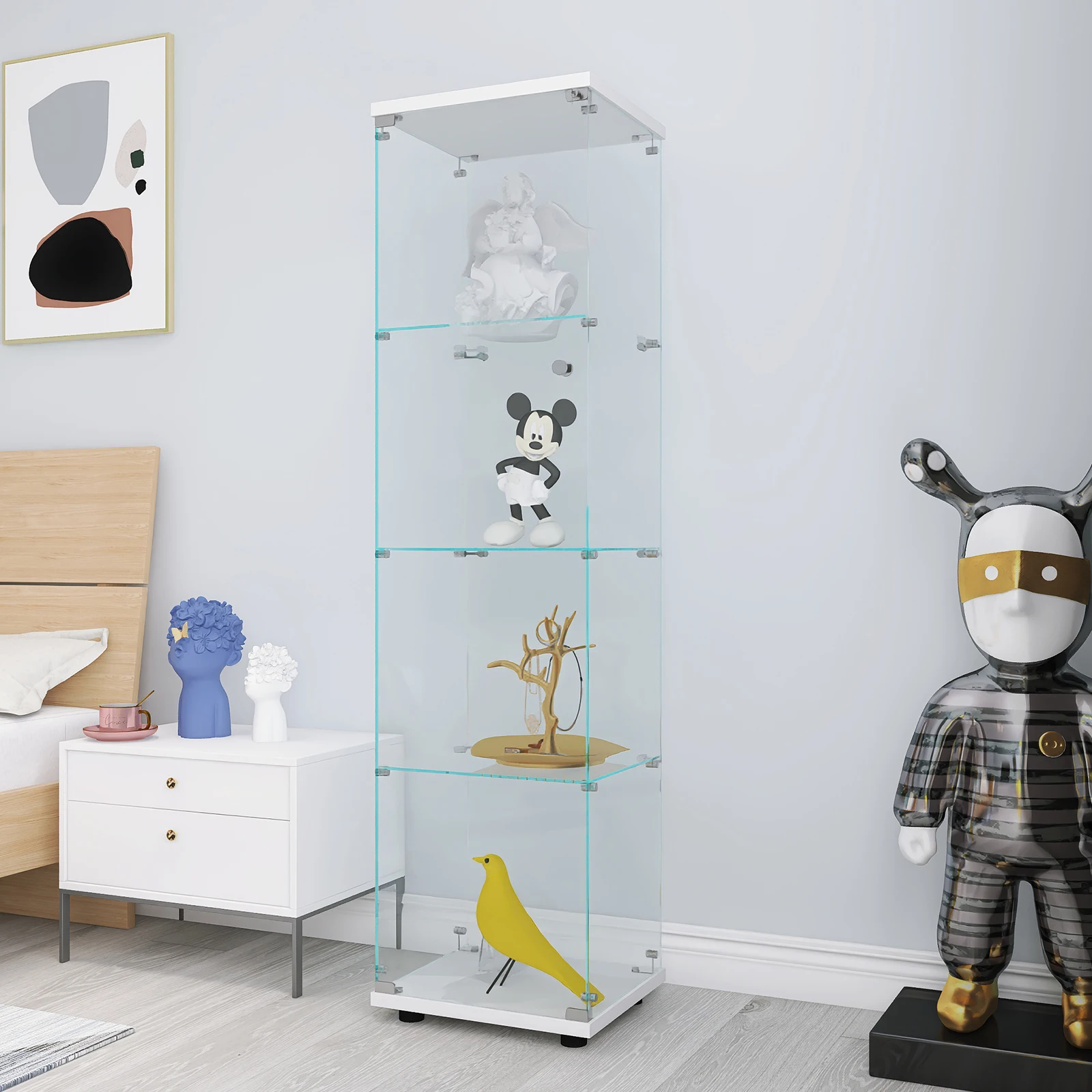 Glasvitrine mit 4 Regalen und Tür, bodenstehendes Curio-Bücherregal für Wohnzimmer, Schlafzimmer, Büro, 64,56 Zoll x 16,73 Zoll