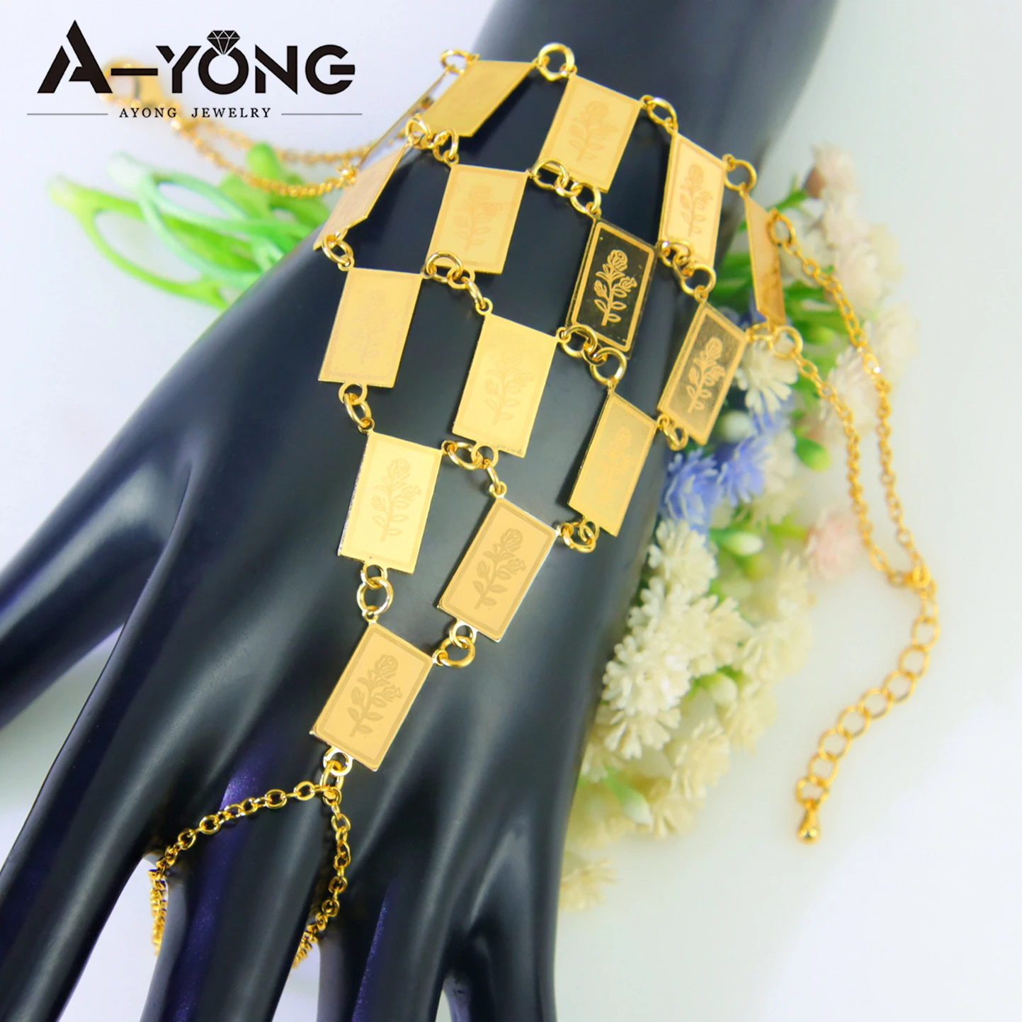 Arabic Fashion Bracelet with Finger Ring 21k Gold Plated Dubai Vintage Coins Bracelets Oman Women Bridal Wedding Jewelry