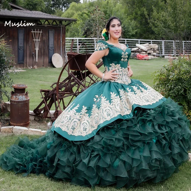 Luxury Emerald Green Mexican Sweet 15 Dress Organza Tiered Ruffles Corset Quinceanera Dresses 2022 Off The