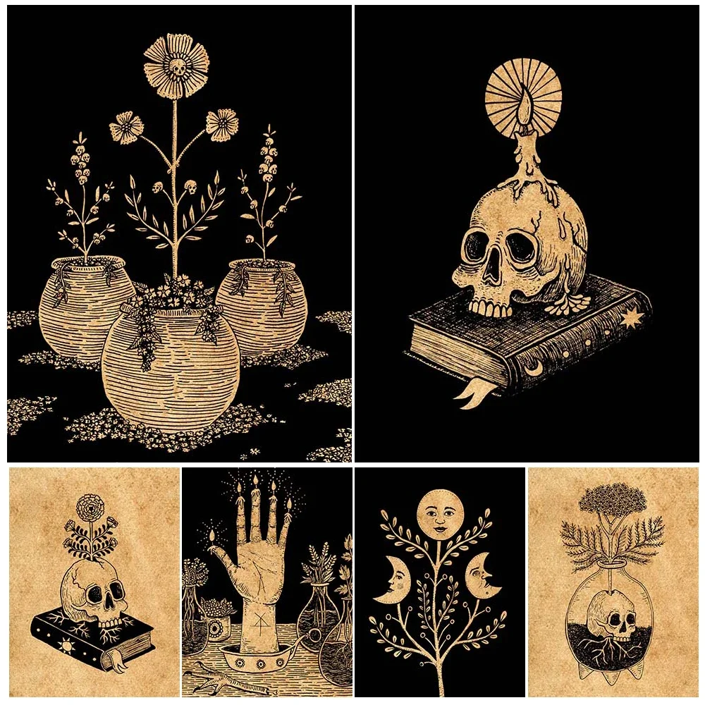 Plant Full Of Sun And Moon Witchcraft Element Art Poster Print Home Decor Candle Hand,Skull,Magic Book Vintage Wall Art Painting