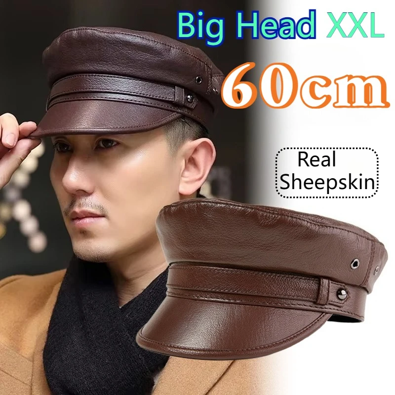 

High-quality Sheepskin Military Hats Old Age Large Size XXL Genuine Leather Flat Top Hat Men Women Rock and Roll Captain Hat