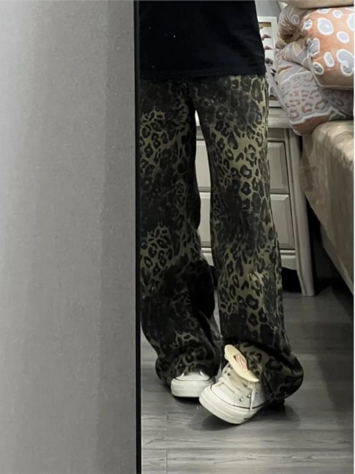 アメリカンレトロヒョウ柄ワイドレッグカジュアルパンツ女性用サマー新作ホットガールハイストリートルーズスリムハイウエストストレートレッグトラウザーズ