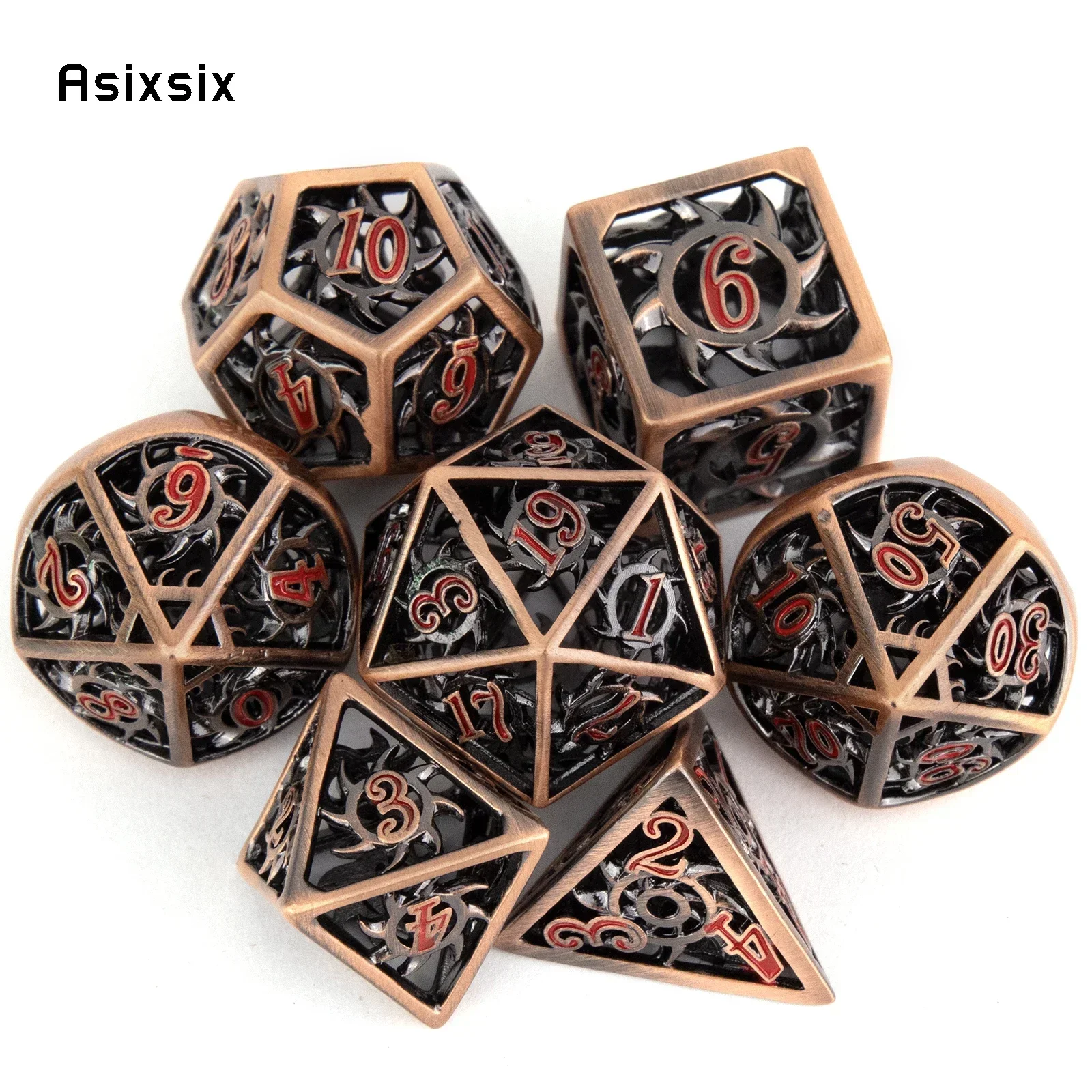Metal Dice, Perfect For Tabletop Rpgs And Card Games 7 Pcs Copper Red Rotary Cyclone Metal Dice Hollow Metal Polyhedral Dice Set