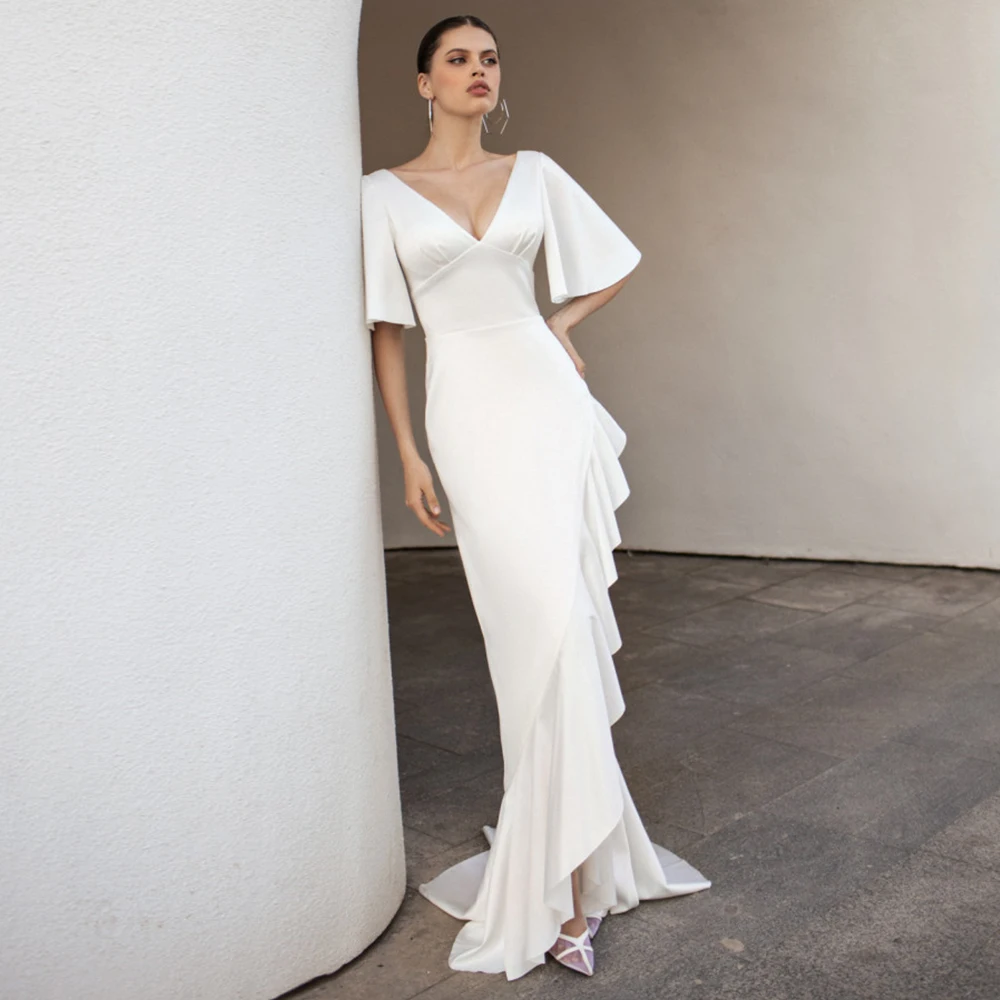 Chic Pure Color Asymmetrical Mermaid Wedding Dresses Customized Sexy Deep V-Neck Ruffles Half Sleeves Jersey Bridal Gowns