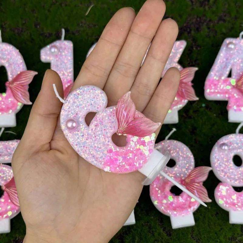 Digital Birthday Candles Party Decoration Birthday Pink Candles Sparkling Pink Beauty Fish Tail Wedding Boys Girls Gifts Number