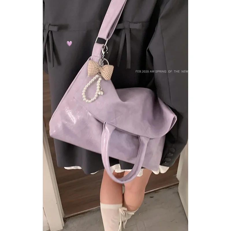 

American Fashion Shoulder Bag for Student Girl Sweet Simplicity Solid Color Tote Bag Portable PU Leather Large Capacity Bag