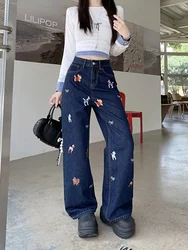 2024 Ropa Y2K Fashion Butterfly Knot Puppy Embroidery Baggy Jeans Pants For Women Clothes Dark Blue Straight Lady Denim Trousers