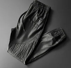 Thoshine Brand Men Leather Pants Superior Quality Elastic Waist Jogger Pants Motorcycle Pocket Faux Leather Trousers Harem Pants
