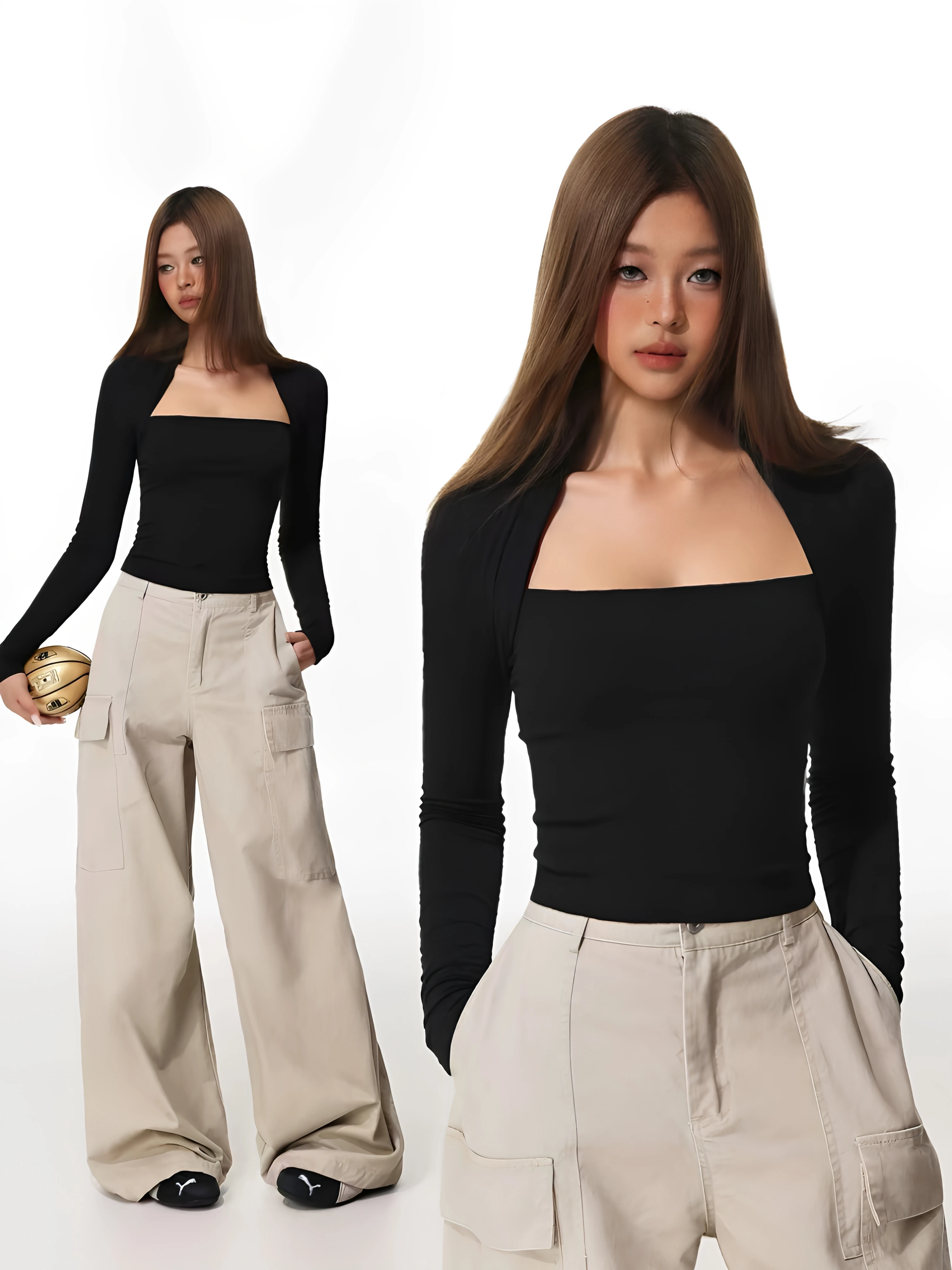 Spring 2026 Women's Slim Fit Long Sleeve T-Shirt Square Collar Base Shirt Sexy Inner Wear Outer Wear Shoulder Level Top