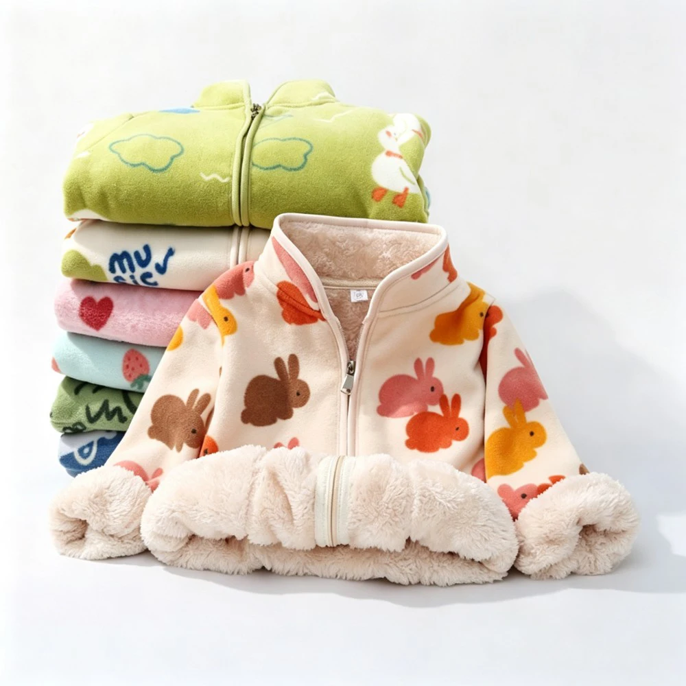 Cute Cartoon Print Kids Sherpa Lined Fleece Coat Zipper Up Warm Polar Fleece Outerwear Toddler Boys Girls Autumn Winter Jacket