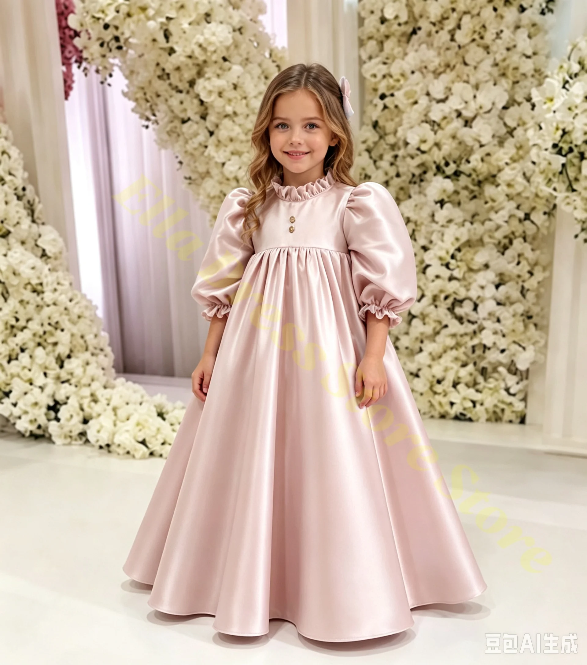 Großhandel Maßgeschneidertes Erstkommunionkleid für Mädchen, Hochgeschnittenes Ballonärmel-Ballkleid aus Satin, Plissiertes Hochzeits-Blumenmädchenkleid nach Maß – Detail 6