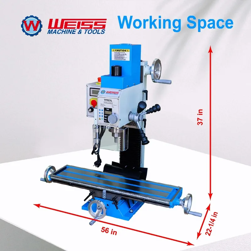 VM25L 1100W Brushless Motor Mill Drill MT3 R8 Variable Speed 2250rpm for Precision MachiningWEISS Milling Machine
