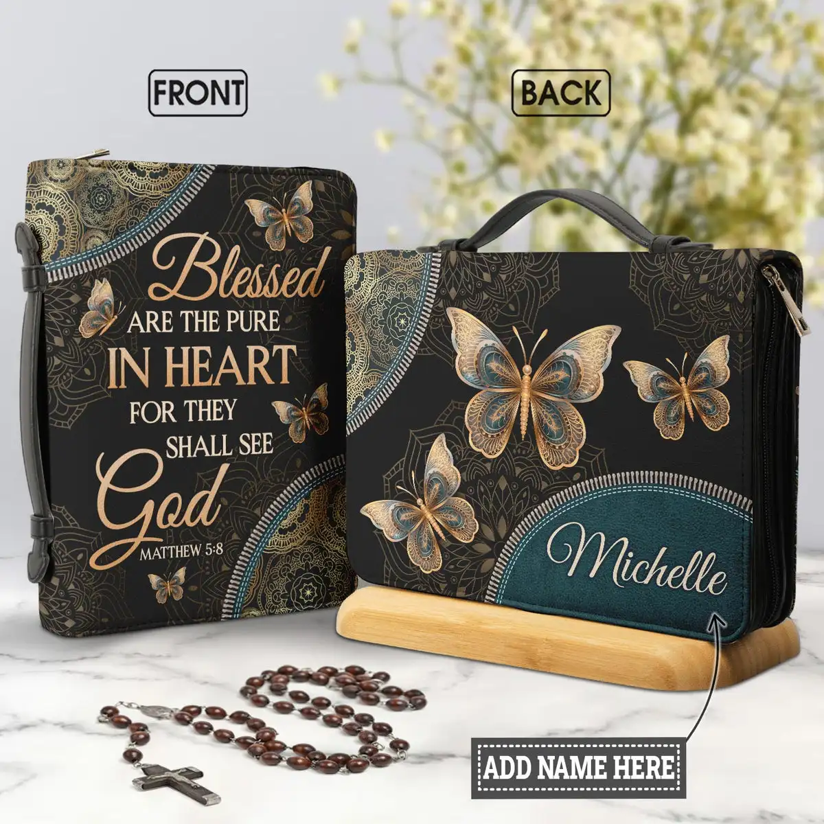 Luxury PU Leather Bible Cover for Women Golden Butterflies Print Holy Bible Bag Ladies Zippered Book Holy Boxes Personalized