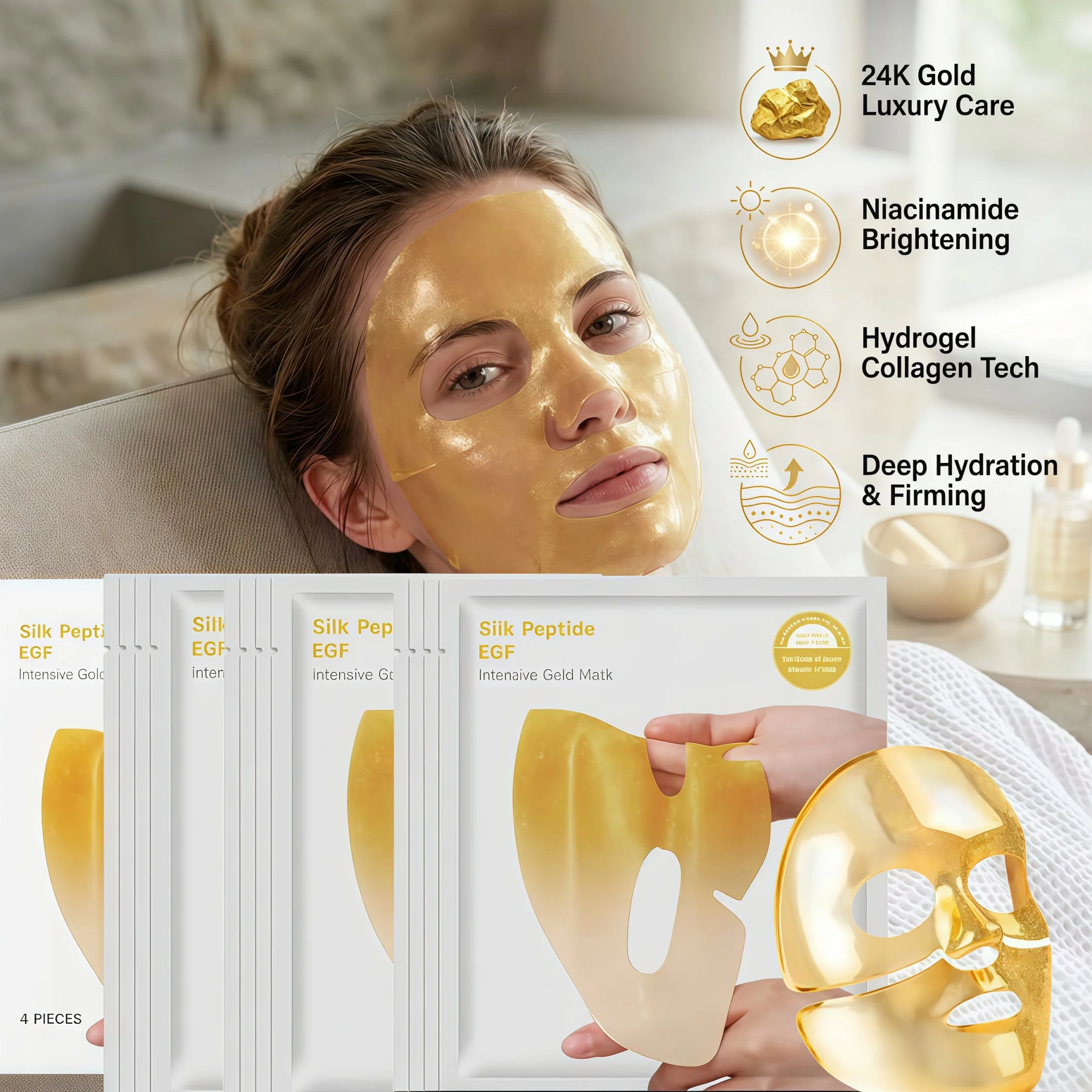 Korean Glass Skin 24K Gold CollagenMask,Niacinamide Brightening Collagen Anti Wrinkle Lifting Sheet Mask Deep Moisture Firming Korean Glass Skin Care Full Bottle Serum Aesthetic Facial Treatment Overnight Absorb Dry Skin Repair Pore Tightening 4 Pack
