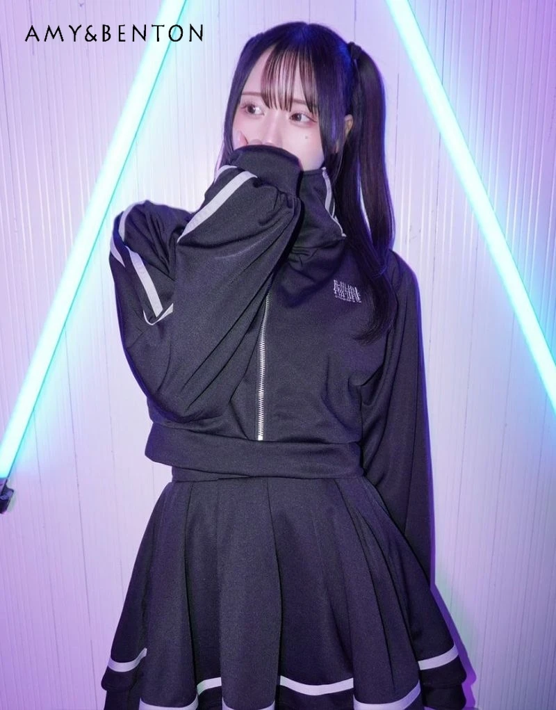 اليابانية Harajuku الحلو فتاة باردة الوقوف طوق سترة قصيرة وتنورة مطوي قطعتين مجموعة المرأة القوطية ثقافة فرعية الموضة