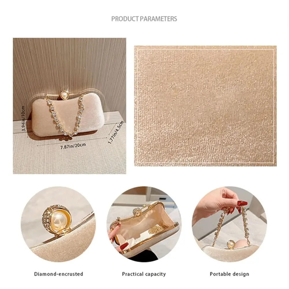 Gold Velvet Evening Bag Fashion French Vintage Pearl Chain Shoulder Bags Banquet Clutch Wedding Party