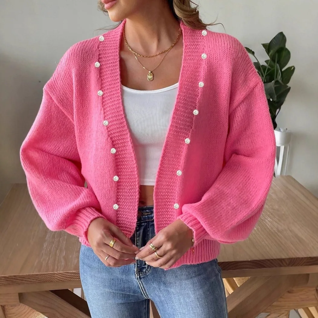 

2025 Women's Pink Knit Cardigan Button Front Elegant Coat Soft Yarn Casual Chic Outerwear
