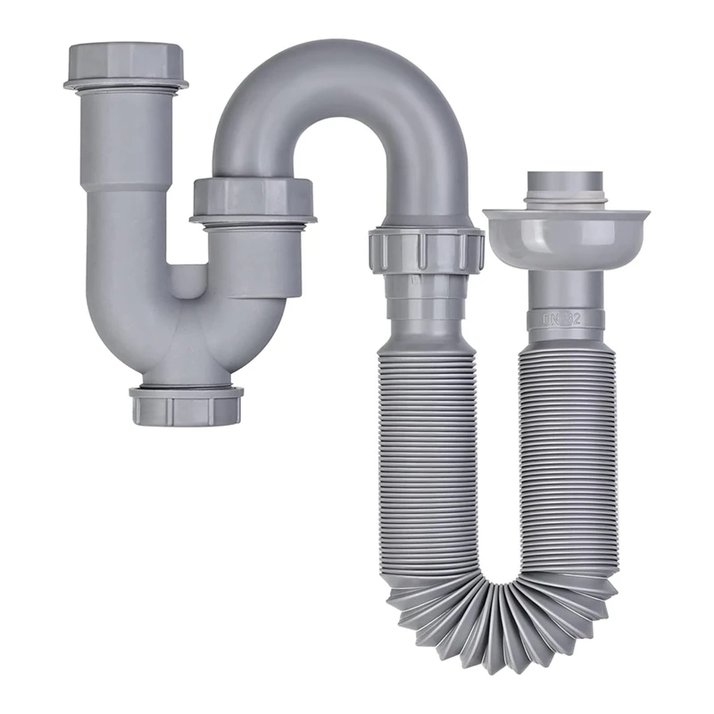 

ABDJ-1 1/4 Inch Kitchen Sink Drain Pipe Kit With Cleanout Plug Anti-Odor, Flexible U-Shaped Drain Pipe Backflow Prevention