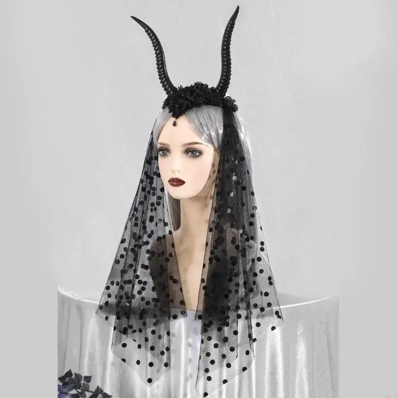 M6CD Halloween Thema 3D Horn Stirnband Punk Kostüm Haarhoop mit Schleier für Cosplay
