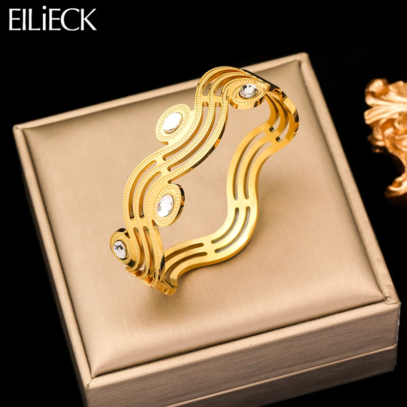 EILIECK 316L Stainless Steel White Zircon Wave Bangles Bracelets For Women Girl New Trendy High Quality Wrist Jewelry Gift