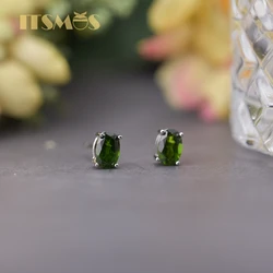 ITSMOS Genuine Diopside Earrings Studs Oval Simple Silver Green Diamond Crystal Stud Earrings for Women Minimalist Jewelry