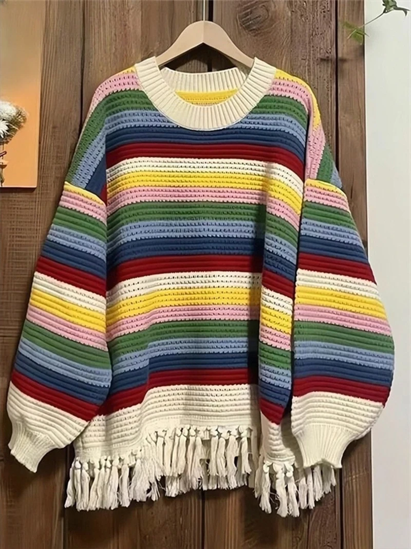 

Rainbow Stripe Tassel Design Long Sleeve Knitted Sweater For Women Autumn Winter New Loose Style Round Neck Pullover Top Trendy