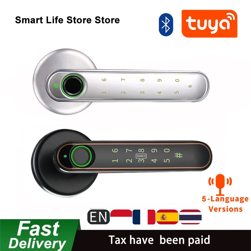 Fingerprint Lock with Touchscreen Smart Room Door Tuya App Digital Lever Lock Keyless Entry Front Door Knob with Keypad Voice