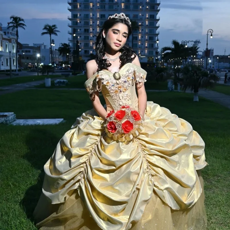 

Customized yellow Quinceanera Dresses Off the Shoulder sequin decal crystal Tull Long tail Vestido 15 Quinceanera