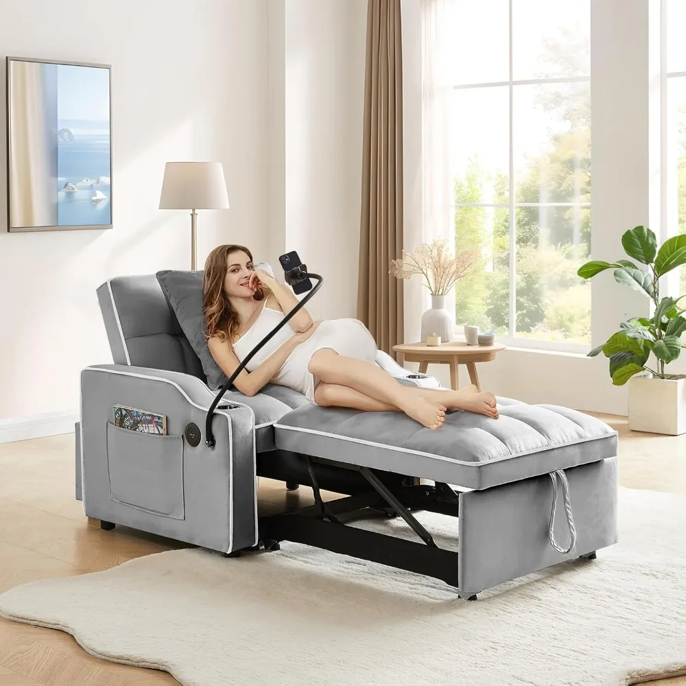 

Convertible Single Sleeper Chair Bed,3 in 1 Velvet Futon Sleeper Sofa Bed with Phone Holder&USB Ports,Pull Out Couch Bed,Adjusta