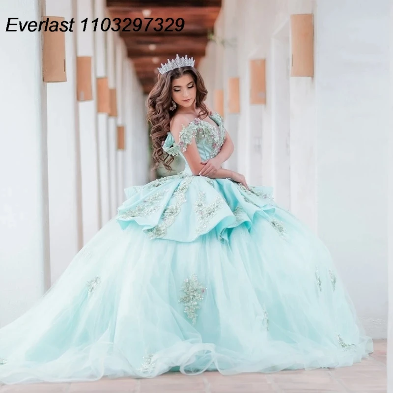 

EVLAST Glitter Sage Green Quinceanera Dress Ball Gown 3D Floral Applique Beading With Tiered Sweet 16 Vestido De 15 Anos TQD399