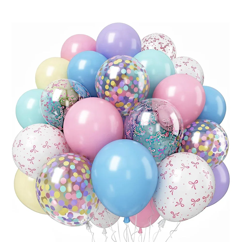 55pcs Pastel Rainbow Pink Blue Purple Bow Balloons Set for Girls Princess Birthday Babyshower Bridal Shower Party Decorations