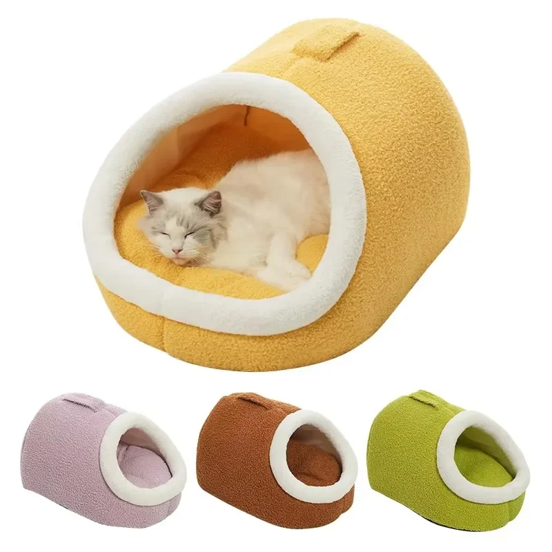 Cats Bed Simple Comfort Pet Sleeping Nest Cat Cave Bed Slipper Cute Covered Cat House Semi Enclosed Soft Plush 2 in 1 Warm
