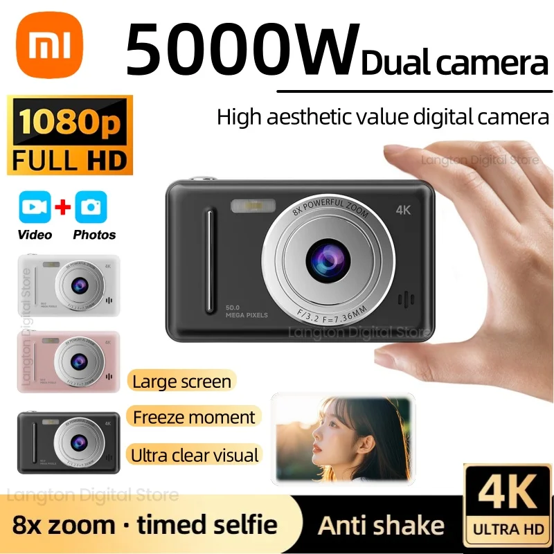 Xiaomi-cámara Digital HD, diseño Retro, CCD, portátil, de nivel de entrada, Flash de cámara Dual, 5000W píxeles, enfoque automático con tarjeta