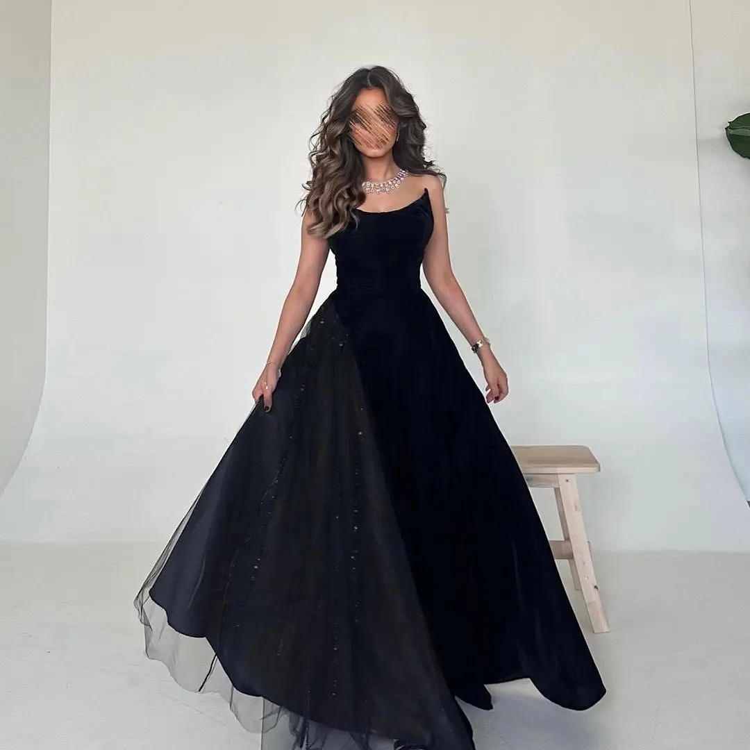 

Vintage Black Satin Prom Dresses Pleated Strapless Formal Occasion Prom Gown 2024 Floor Length Wedding Party Dresses