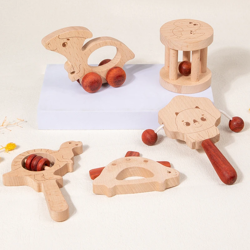 

Dinosaur Wooden Baby Toys Montessori Toys Set Wooden Rattles Grasping Toys