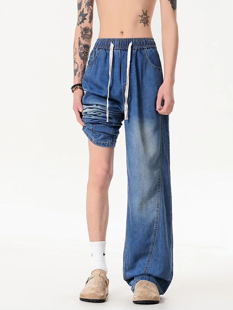 

KSTUN 2026 Summer Lyocell Wide Leg Jeans Men Elastic Waist Drawstring Loose Straight Baggy Denim Pants Casual Streetwear Soft