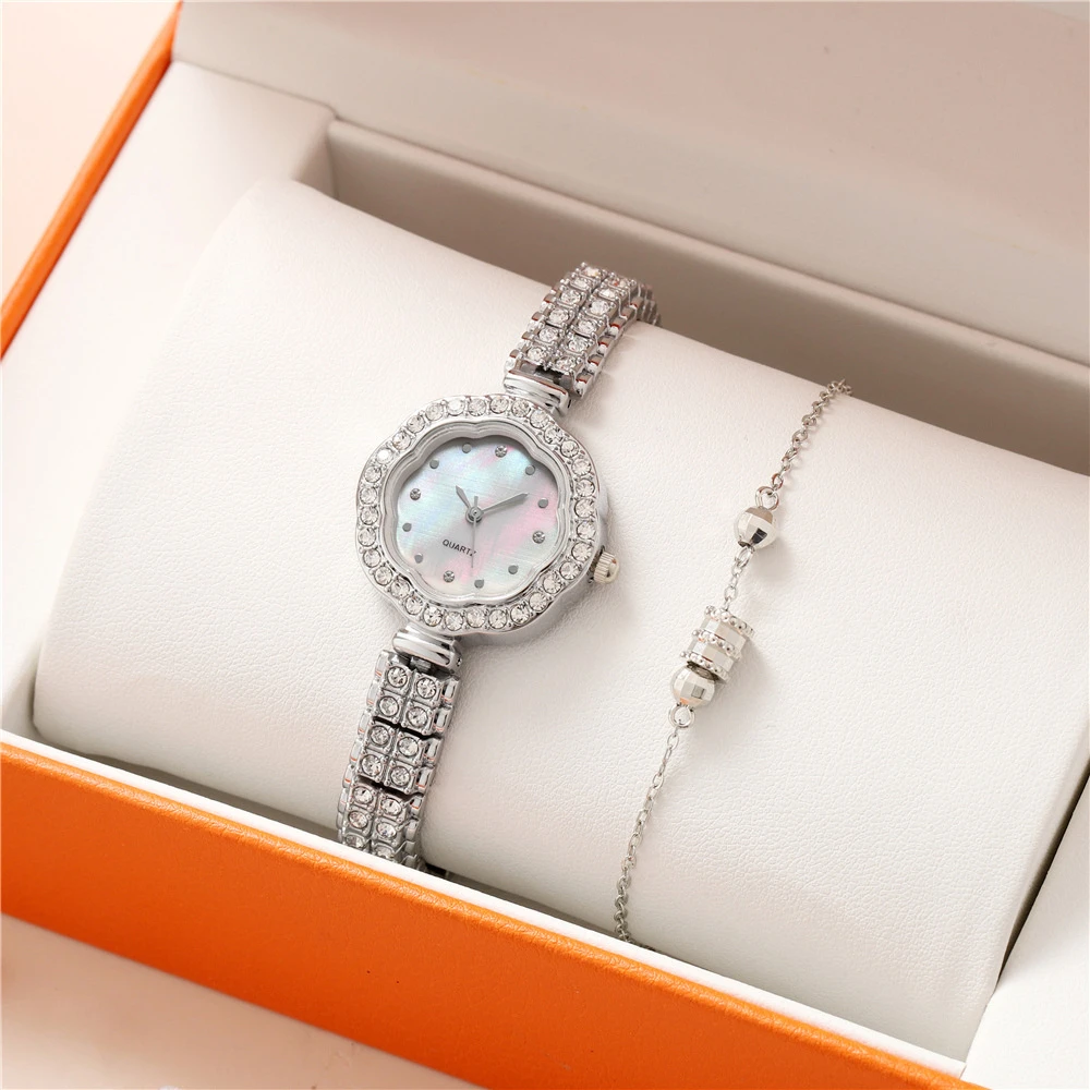 Luxury Gold Ladies Brand Watch Fashion Flower Type Seashell Surface With Diamonds Dial Design Women Quartz Watches Bracelet