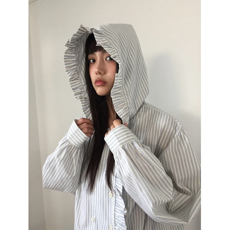 

Harajuku Striped Shirts Women Vintage Streetwear Hooded Patchwork Blouses Autumn Korean Long Sleeve Double Breasted Casual Tops