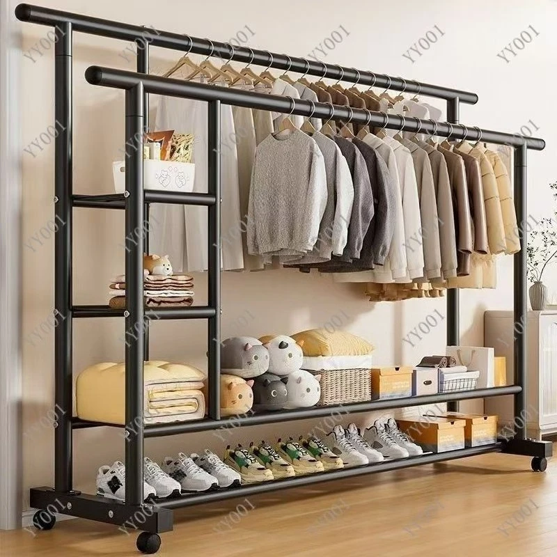 

Double Rods Rolling Clothes Rack Portable Clothing Hanger for Bedroom Living Room Storage