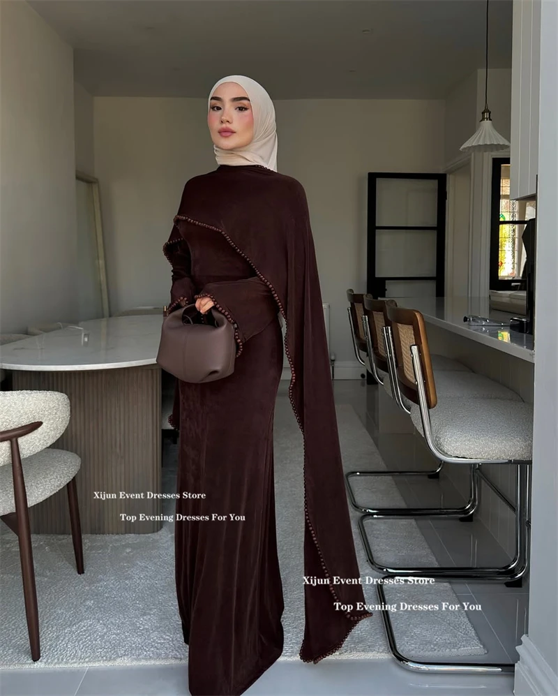 Xijun Luxury Brown Evening Dresses Pearls Cape Sleeves Formal Dubai Prom Dresses O-Neck Muslim Mermaid Prom Gowns Customized