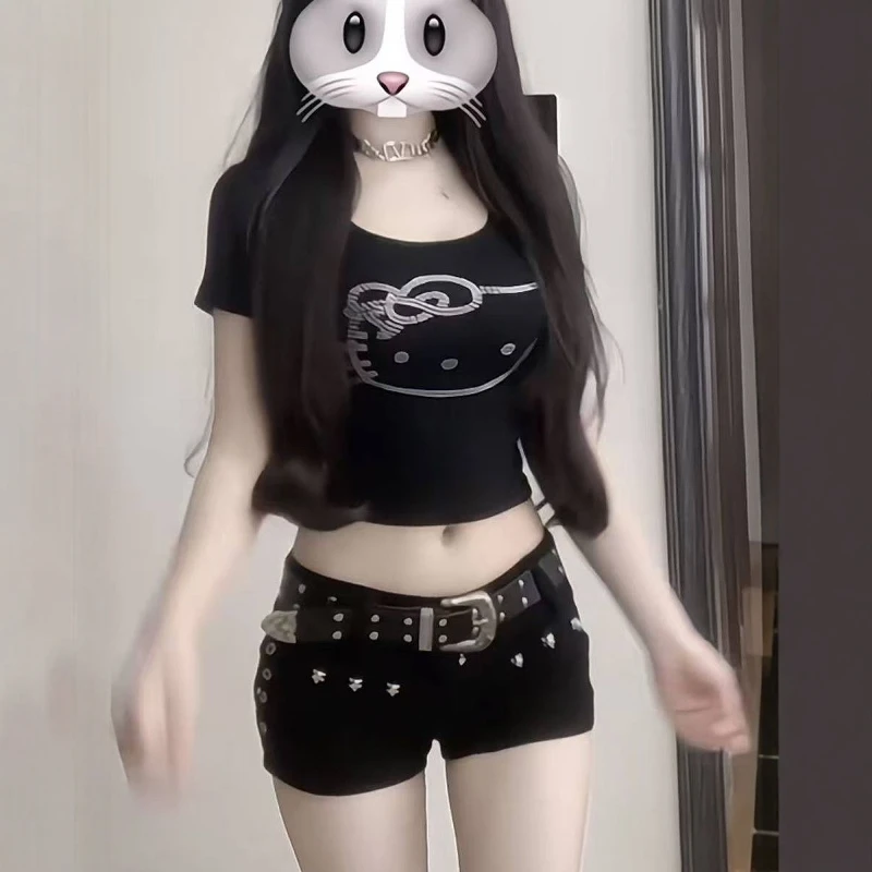 

American Style Sexy Black High Waist Rivet Ultra Short Shorts Women's Summer Slim Fit Elastic Butt Shorts Straight Leg Pants