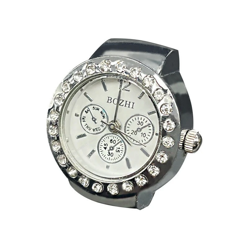 Creative Clock Shape Watches Rings Movement Quartz Rhinestone Decor Ring Watch Alloy Shell Finger Dial Couple Men and Women