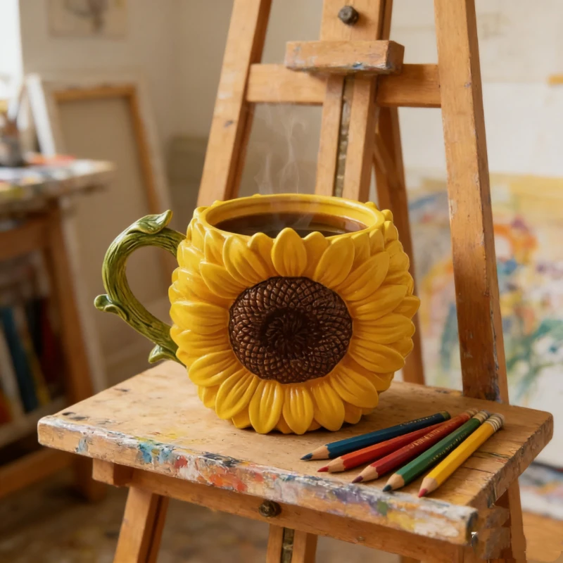 Sunflower Ceramic Coffee Mug - 3D Floral Novelty Cup, Yellow Decorative Mug for Home Office & Gift Use view 6