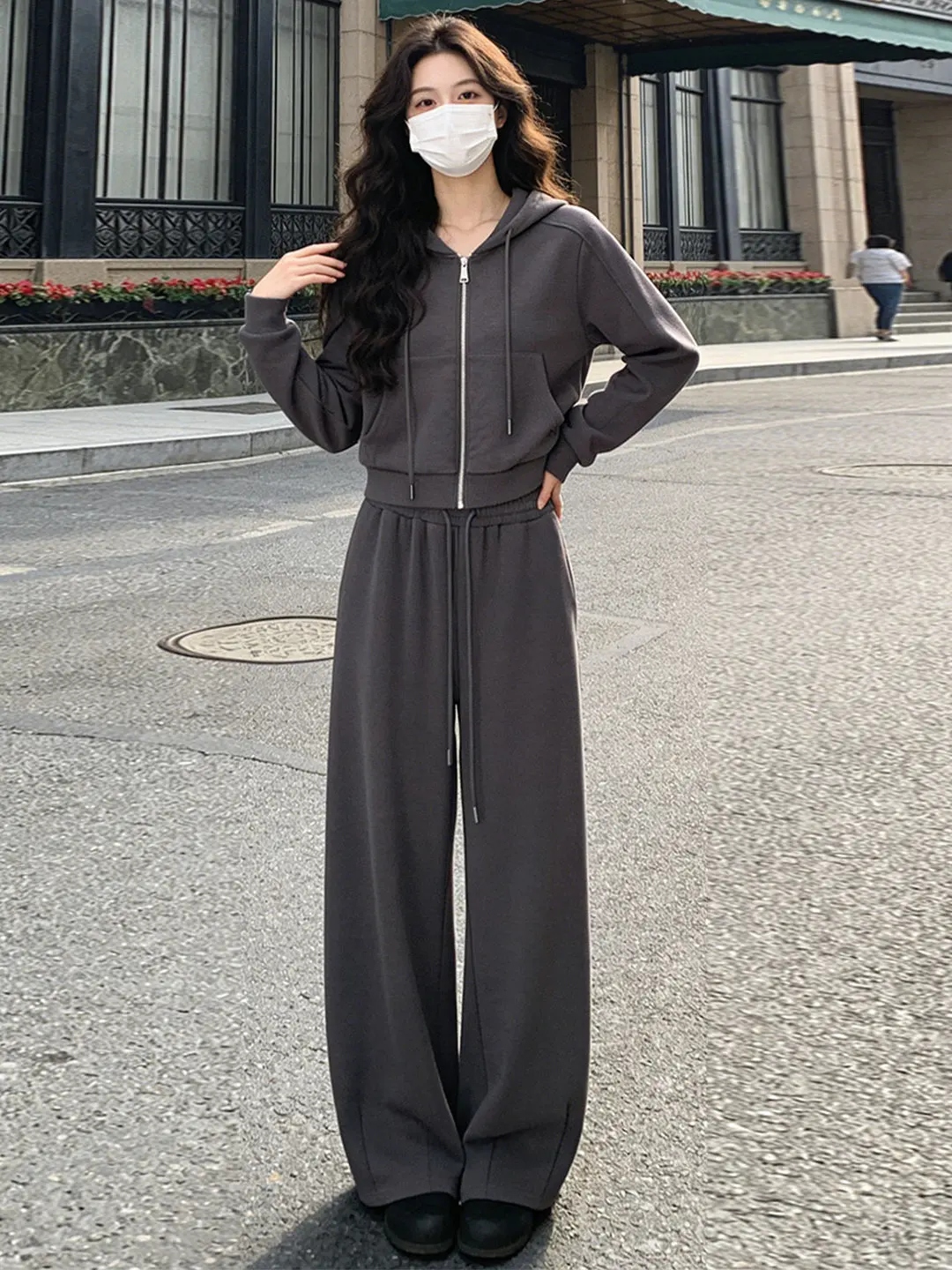 

Casual Trendy Women's Two-Piece Set Spring 2026 Gray Long Sleeve Hoodie Open Cardigan Jacket Wide Leg Pants High Waist Pants