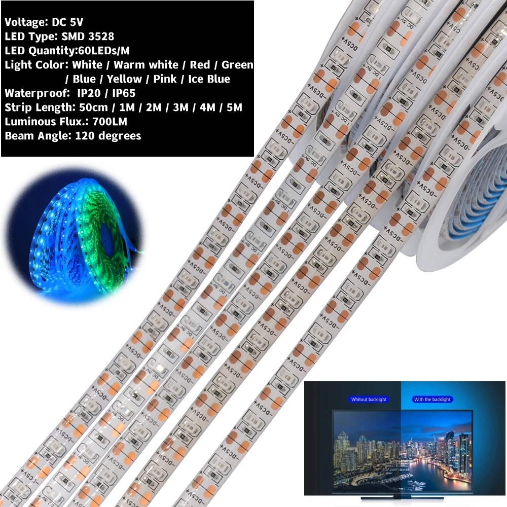 USB LED Strip Light 5V TV Background Flexible Stripe Ribbon With ON/OFF Switch SMD2835 60Leds/m 3528SMD Cabinet Rope Tape Lamp