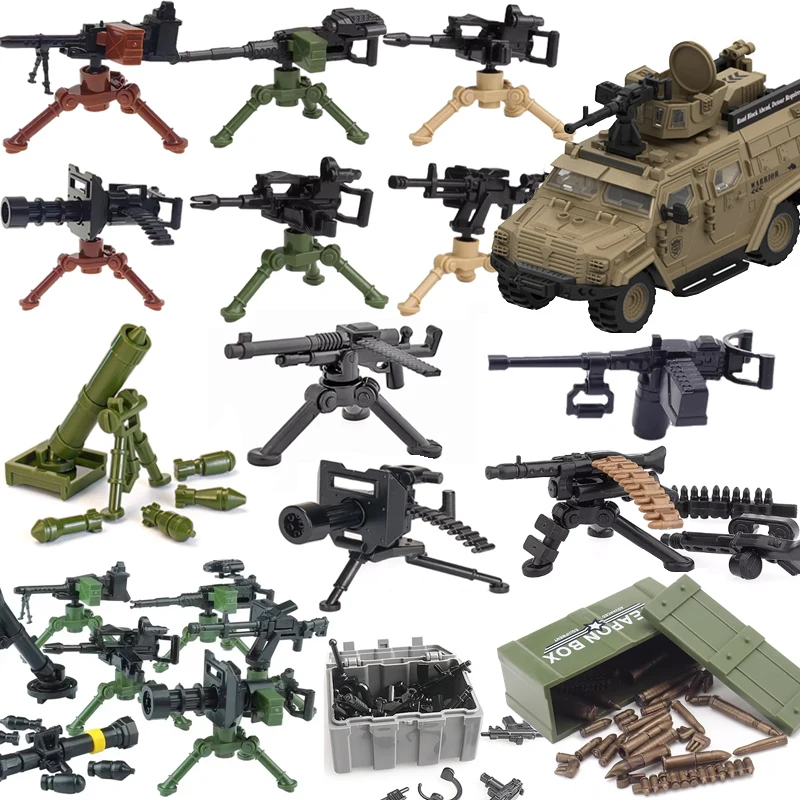Military WWII Soldier Figure Building Blocks Gatling M2 Heavy Machine Aviation Gun NSV Bullet Chain Mortar ZB53 Parachut Toy T12
